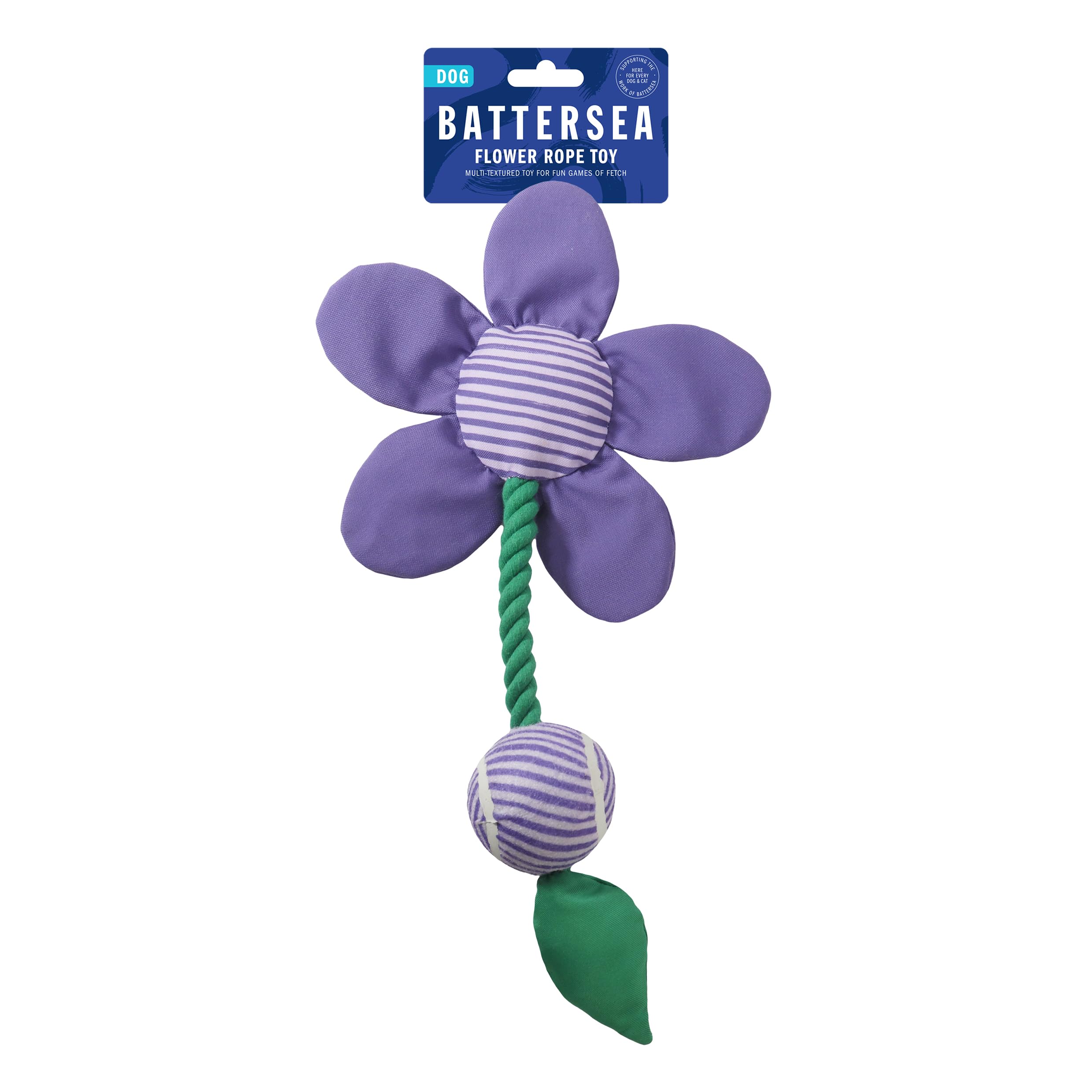 Rosewood Battersea Flower Rope Toy For Dogs, Outdoor Dog Toy With Rope and Tennis Ball, Multi-Textured Large Dog Toy With Crinkle Petals, Purple, 45cm Long