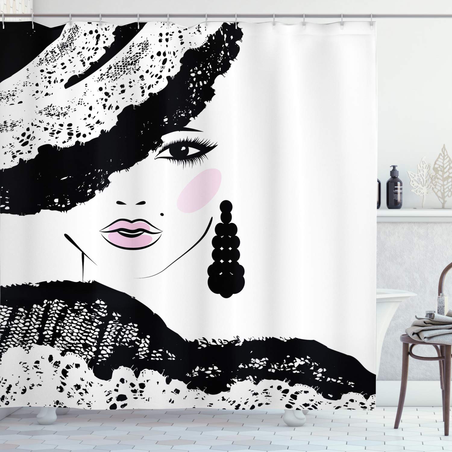 ABAKUHAUS Teen Room Shower Curtain, Baroque Abstract Woman Face and Patterned Hat Old Fashioned Design, Cloth Fabric Bathroom Decor Set with Hooks, 94 Inches, Charcoal Grey Pale Pink