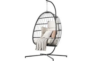 HWB Hanging Egg Chair with Stand, Patio Wicker Hammock Egg Swing Chair with Cushion for Bedroom Garden Indoor Outdoor (Beige)