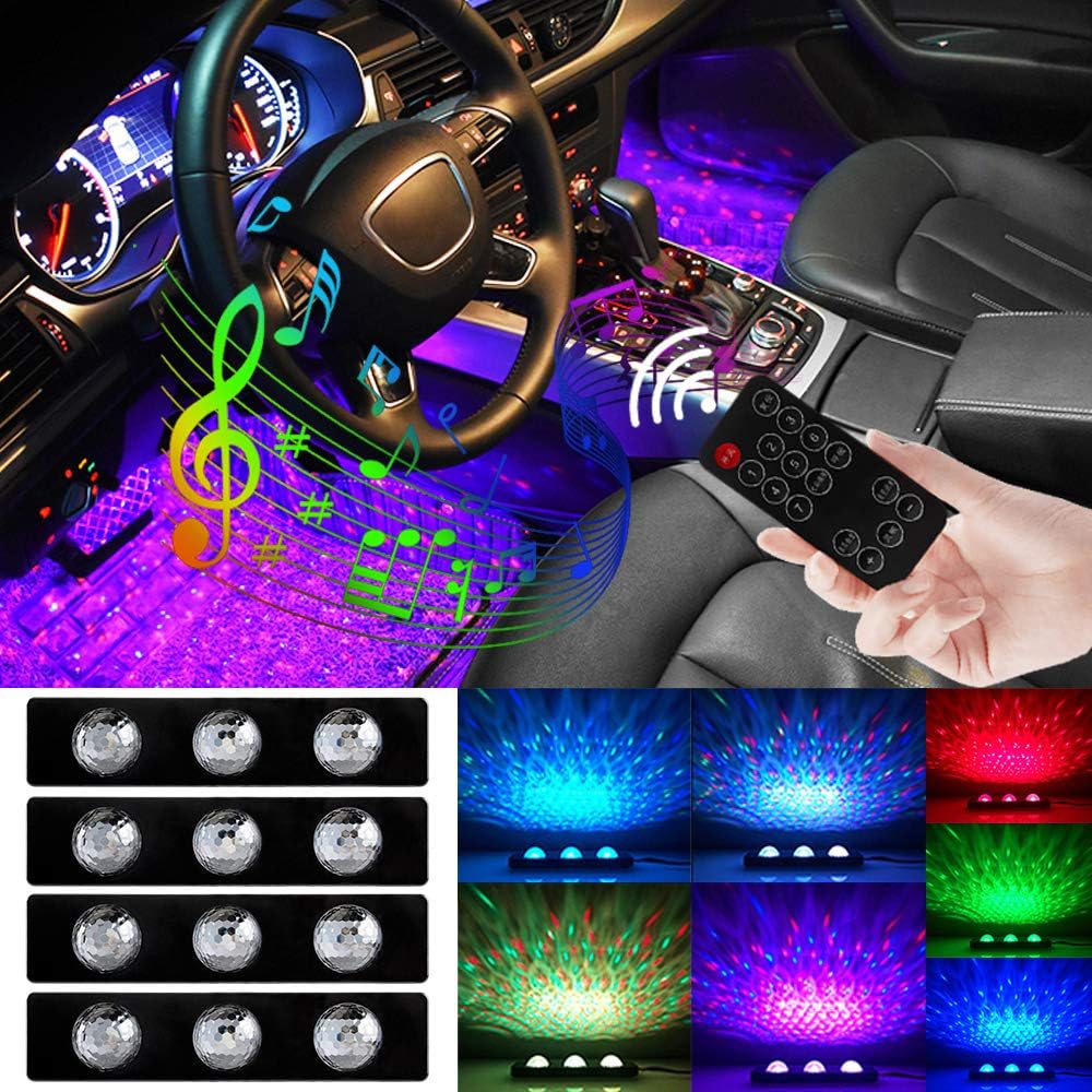 Teguangmei Car Interior LED Strip Lights 4Pcs 12Led 7Colors USB Cable Music Car LED Interior Under Dash Neon Lighting Kit with Sound Active Function and Wireless Remote Control DC5V