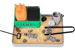 Stylor Dumpster Fire Zen Garden Desk Decor - 3D Print Plastic Miniature Sandbox with Raccoon & Flames, Humorous Office Stress Relief Gift, Includes Stones, Sand & Accessories