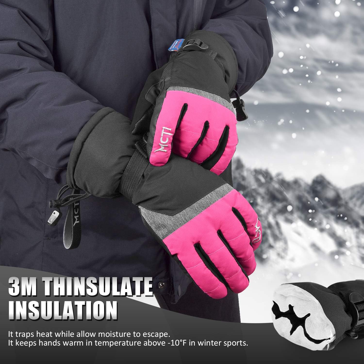 MCTi Ski Gloves, Winter Waterproof Snowboard Snow 3M Thinsulate Warm Touchscreen Cold Weather Women Gloves Wrist Leashes : Clothing