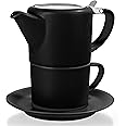 Tealyra - T41 Tea for One Set - Black Porcelain Small Teapot 15 fl.oz - Cup 8.5 fl.oz and Saucer - Stainless Steel Lid Removable Infuser for Loose Leaf Tea