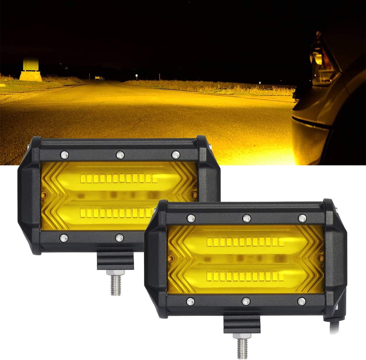 Samlight Yellow LED Light Bar 6D 5 3 Inch Waterproof 7200LM 3000K Flood