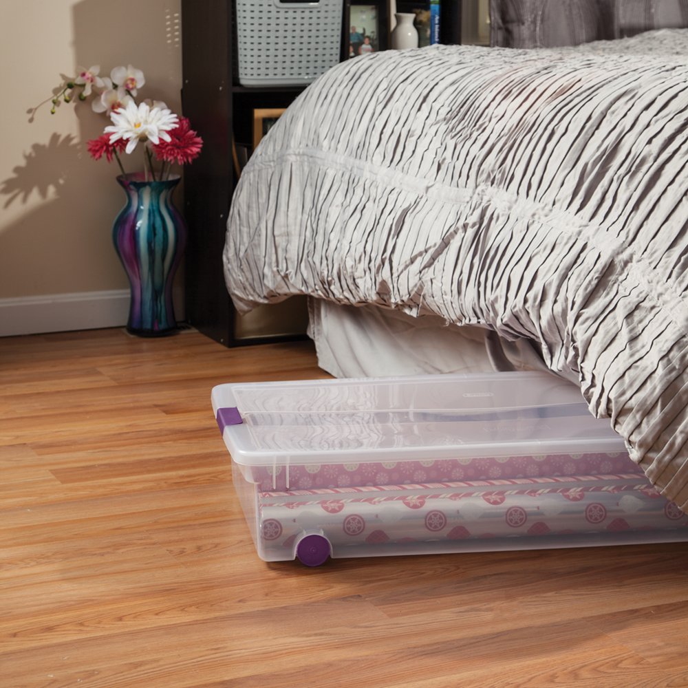 Sterilite 17611704 60 Quart/57 Liter ClearView Latch Wheeled Underbed Box, Clear Lid and Base with Sweet Plum Latches and Wheels, 4-Pack