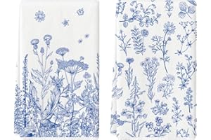 Artoid Mode Blue Antique Herbs Wild Flowers Leaves Spring Kitchen Towels Dish Towels, 18x26 Inch Seasonal Decoration Hand Towels Set of 2
