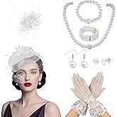 7Pcs Fascinators for Women,20s 50s Tea Party Fascinator Hats for Women,Feather Pearl Veil Tea Party Hats and Jewelry Set