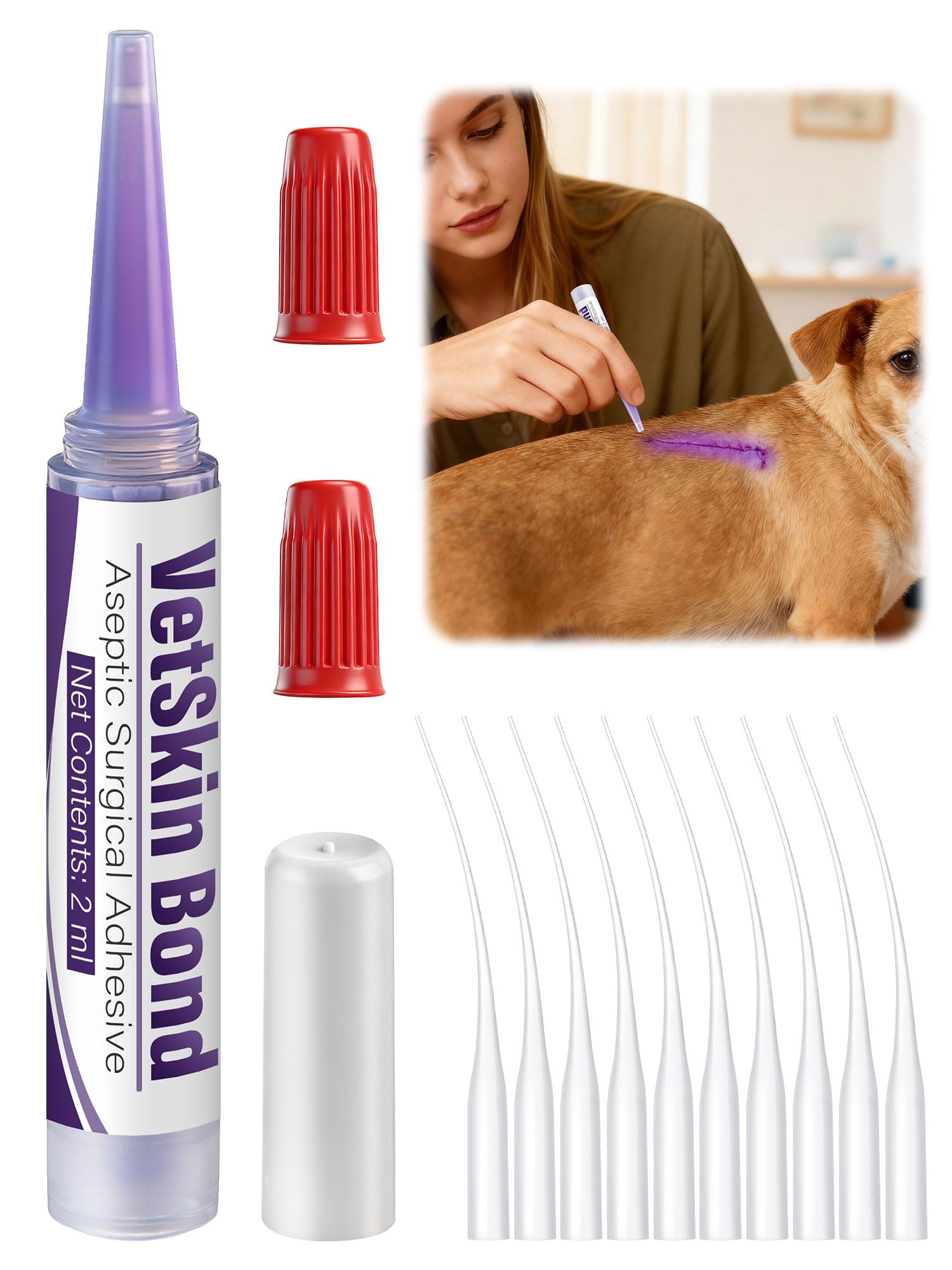 Photo 1 of 1 Pack 2ml Veterinary Surgical Skin Glue with 10 Applicators, Strong Surgical Adhesive, Blue Tinted Fast Acting Tissue Wound Glue, Up to 20 Applications, Ideal for Dogs & Cats Everyday Care