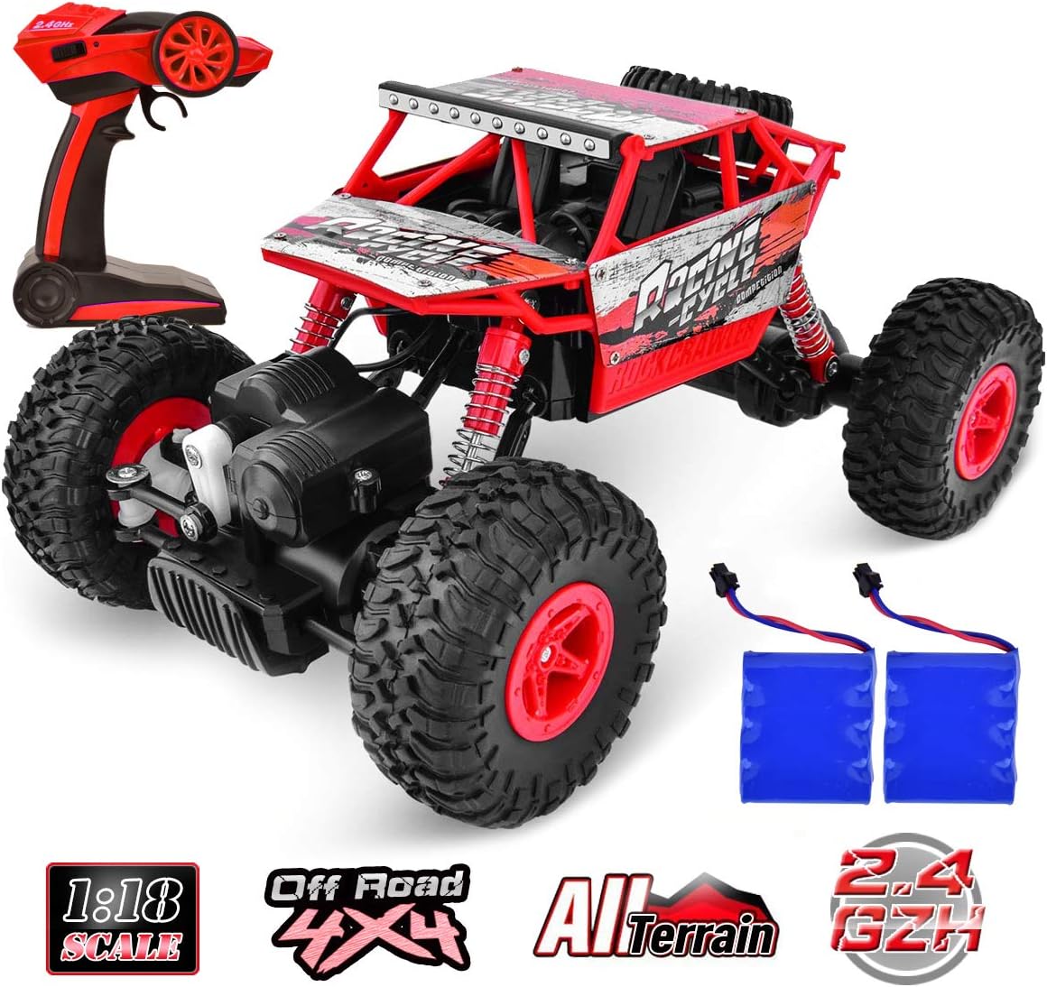 Flyglobal Remote Control Trucks Monster RC Car Off Road Crawler 1: 18 Scale 2.4Ghz Radio Controlled Car 4x4 High Speed Racing All Terrain Climbing Car Toys for Boys Kids Girls Gifts Red