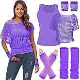 WILDPARTY Women Casual Sexy 80s Costumes Fishnet Neon Off Shoulder T-Shirt