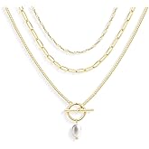 Poxtex Layered Gold Necklaces for Women, Stackable Dainty 14K Gold Silver Plated Trendy Simple Heart Diamond Cross Bow Circle Pendant Paperclip Choker Dot Chain Necklace,Jewelry Set Gifts for Women