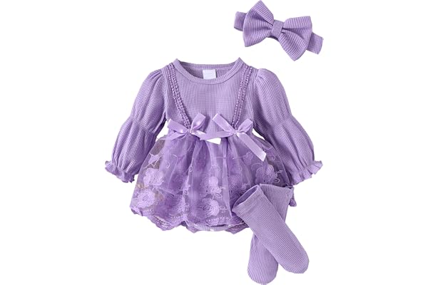 Baby girl rompers dress infant fall outfit clothes tulle puff long sleeve jumpsuit+bow headband+stocking 3pcs