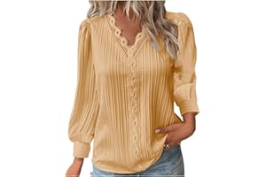 XiongqiiA Elegant Shirt for Women 2024 Lace V Neck Party Tshirts Puff Long Sleeve Fall Oversized Blouses Solid Color Pullover