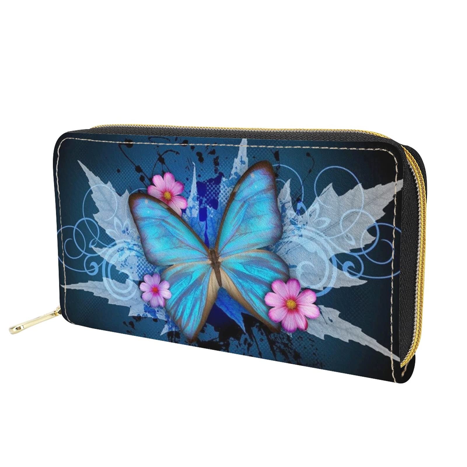 Dolyues Blue Butterfly Print Women Large Capacity Long Pu Leather Wallets Purse Credit Card Holders Christmas Gift