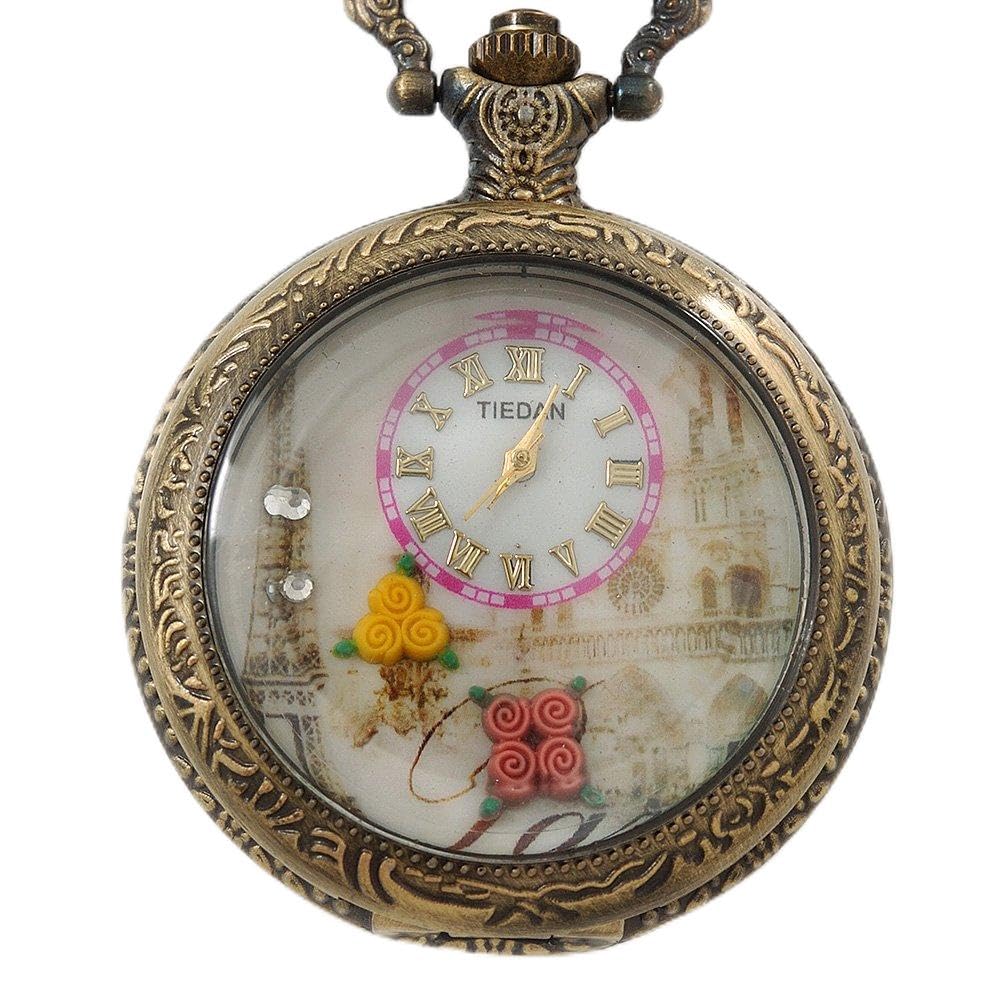 Avalaya Eiffel Tower & Flower Motif Quartz Pocket Watch Pendant Necklace/Antique Bronze Tone/ 45mm D/ 80cm L