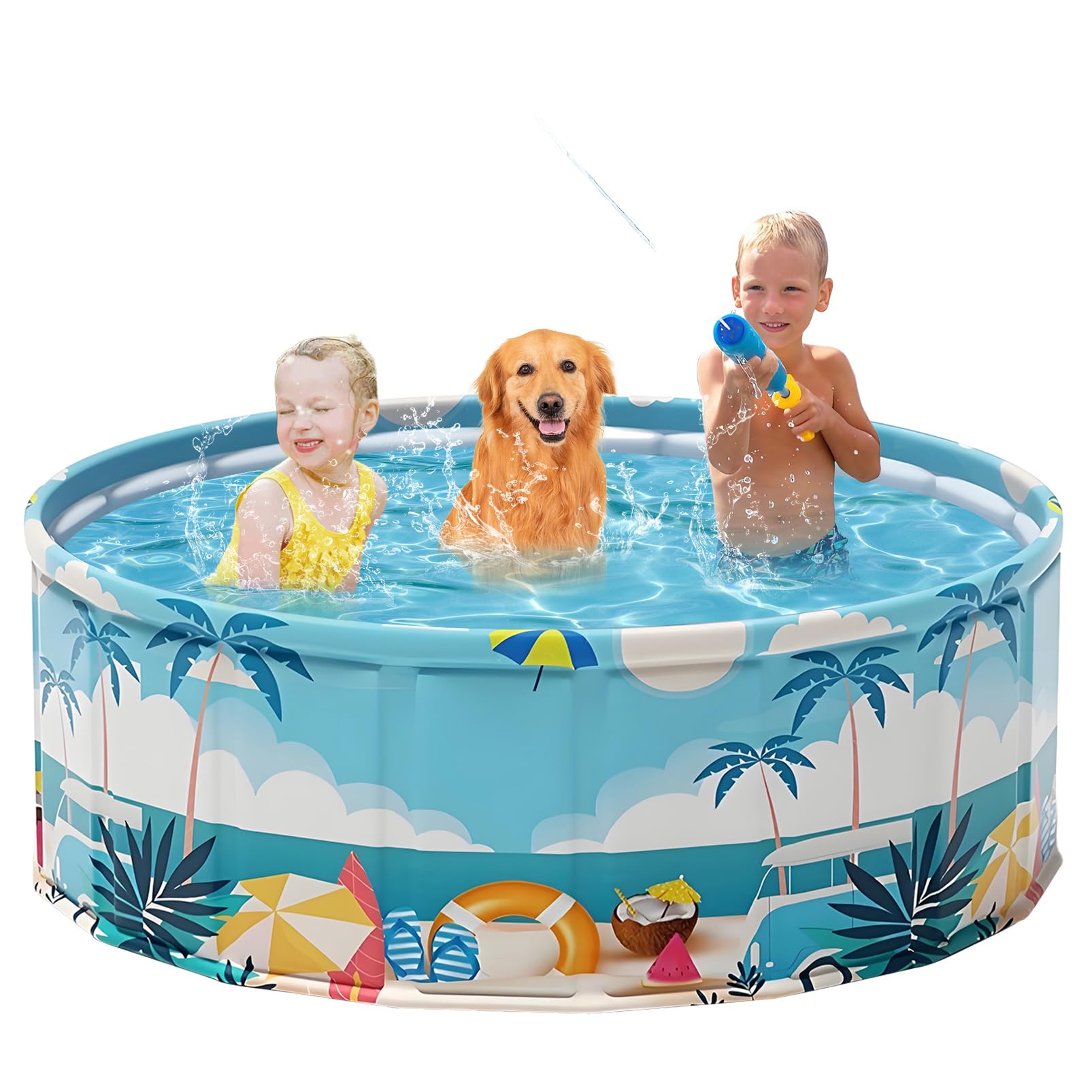 Photo 1 of Foldable Swimming Pool for Kids 63"x18" Hard Plastic Portable Dog Pool Anti-Slip Collapsible Pets Bathtub Kiddie Pool Indoor Outdoor Backyard (Beach Party 63'')