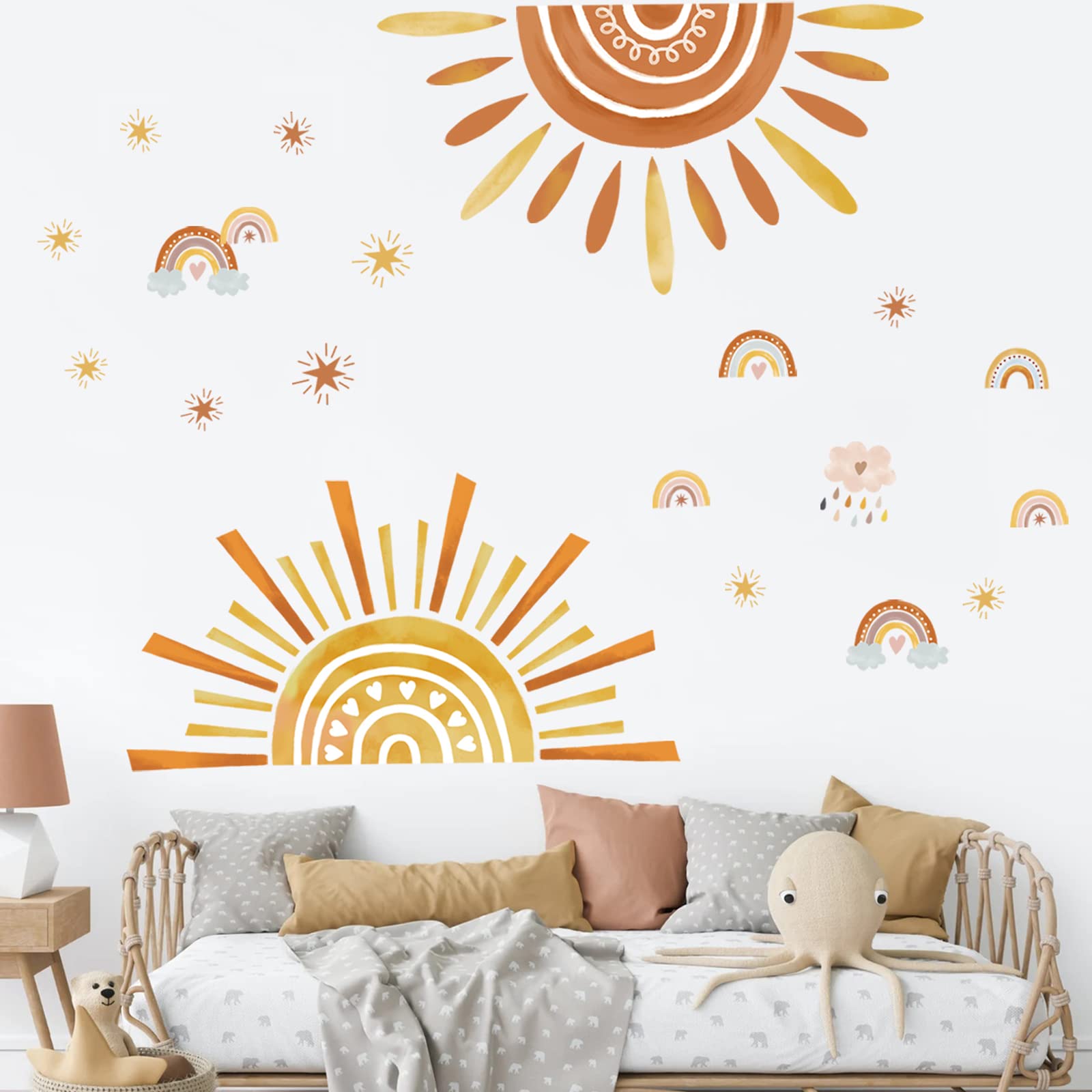 wondever Boho Rainbow Wall Stickers Large Sun and Clouds Peel and Stick Wall Art Decals for Baby Nursery Kids Bedroom Living Room