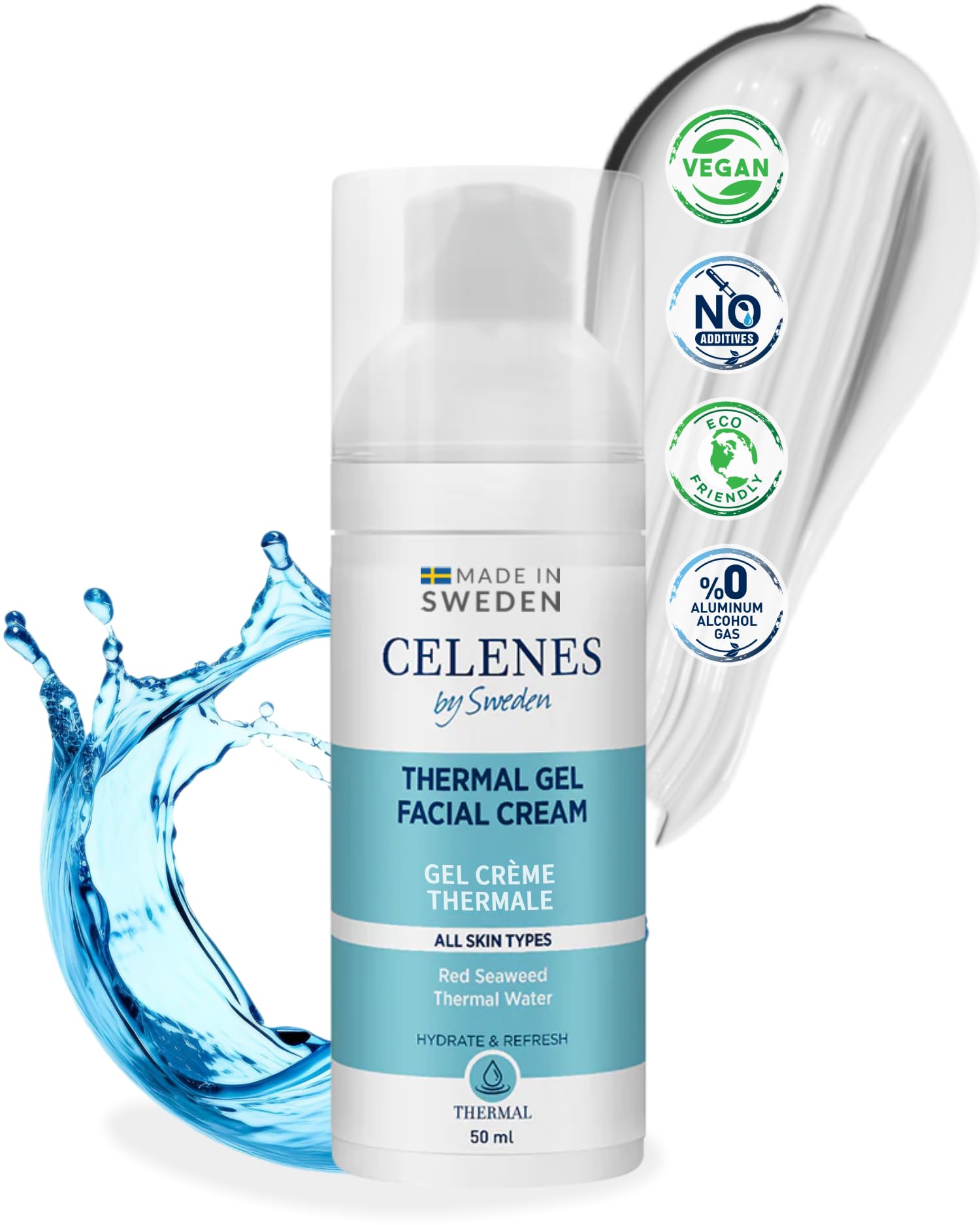 Celenes by Sweden Thermal Gel Face Cream 50ml - Hydrating & Refreshing Moisturiser Face Women & Men Mineral-Rich Thermal Water Face Moisturiser, Alcohol & Paraben-Free Day Cream, Vegan & Eco-Friendly