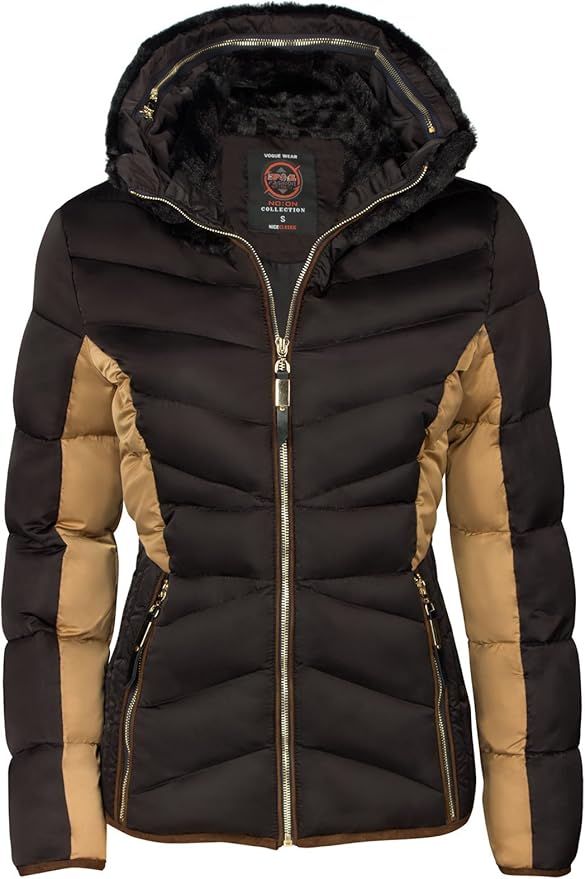 Women's Short Winter Padded Ski Jacket with Fur Collar and Down Hood