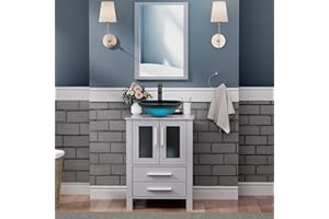 UEV 24" Grey Bathroom Vanity with Tempered Glass Vessel Sink, ORB Faucet and high-Definition Mirror Combo,with Pop Up Drain and 30% Water-Saving Design, Soft Closing Drawers/Doors (A10)
