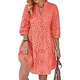 utcoco Women's 2025 Eyelet Lace Midi Dress V Neck Puff 3/4 Sleeve Button Tiered Sexy A Line Sun Dress