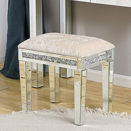 Panana Dressing Table Stool Makeup Vanity Stool Chair With Suede Seat Padded Piano Chair Makeup Seat Mirrored Finish Stool With Diamond Effect For Bedroom Makeup Salon Dressing Stool Only Amazon Co Uk Kitchen