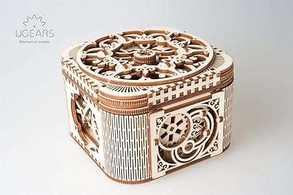 UGEARS Wooden Treasure Box with Secret Hidden Puzzle Key Trinket, Keepsake and Jewelry Storage, Small (70031)