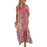 FARORO Sleeveless Long Dress for Women Boho Halter Maxi Sundress Casual Loose Dresses Split Cover Up Gown with Pockets