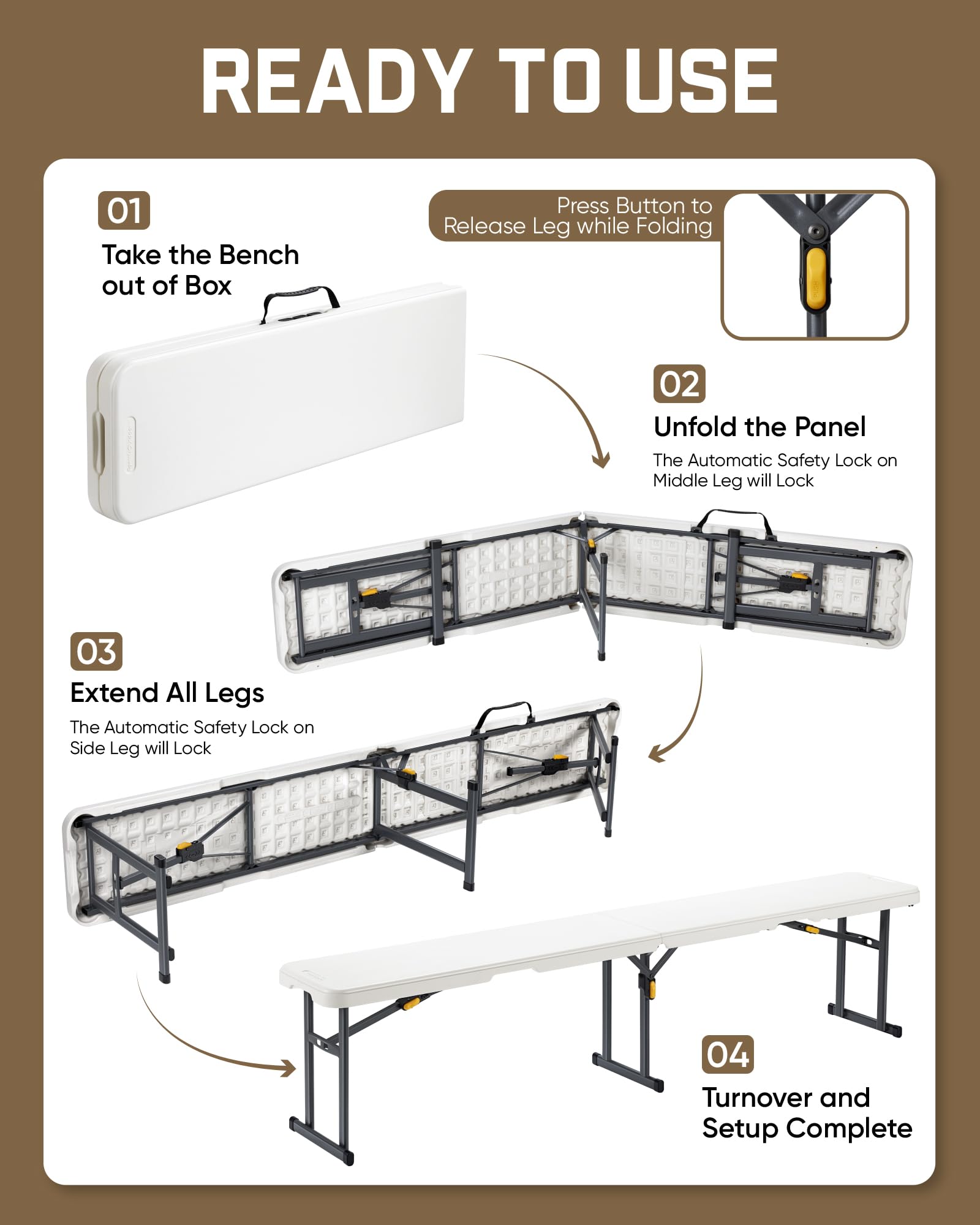FanttikOutdoor 6ft Plastic Folding Bench with Safety Lock Carrying Handle, Portable Indoor Outdoor Bench for Party, Dining, Camping, Garden, Soccer Activities, No Assembly, 1 Pack, White Zeta I6 Pro