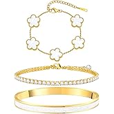 MOINSPIRE Gold Bracelets for Women, 18K Gold Plated Tennis Nail Clover love Bangle Bracelets Set Non Tarnish, Stainless Steel Trendy Stackable Bracelet Fashion Jewelry Accessories Gifts for Christmas