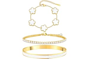 MOINSPIRE Gold Bracelets for Women, 18K Gold Plated Tennis Nail Clover love Bangle Bracelets Set Non Tarnish, Stainless Steel Trendy Stackable Bracelet Fashion Jewelry Accessories Gifts for Christmas
