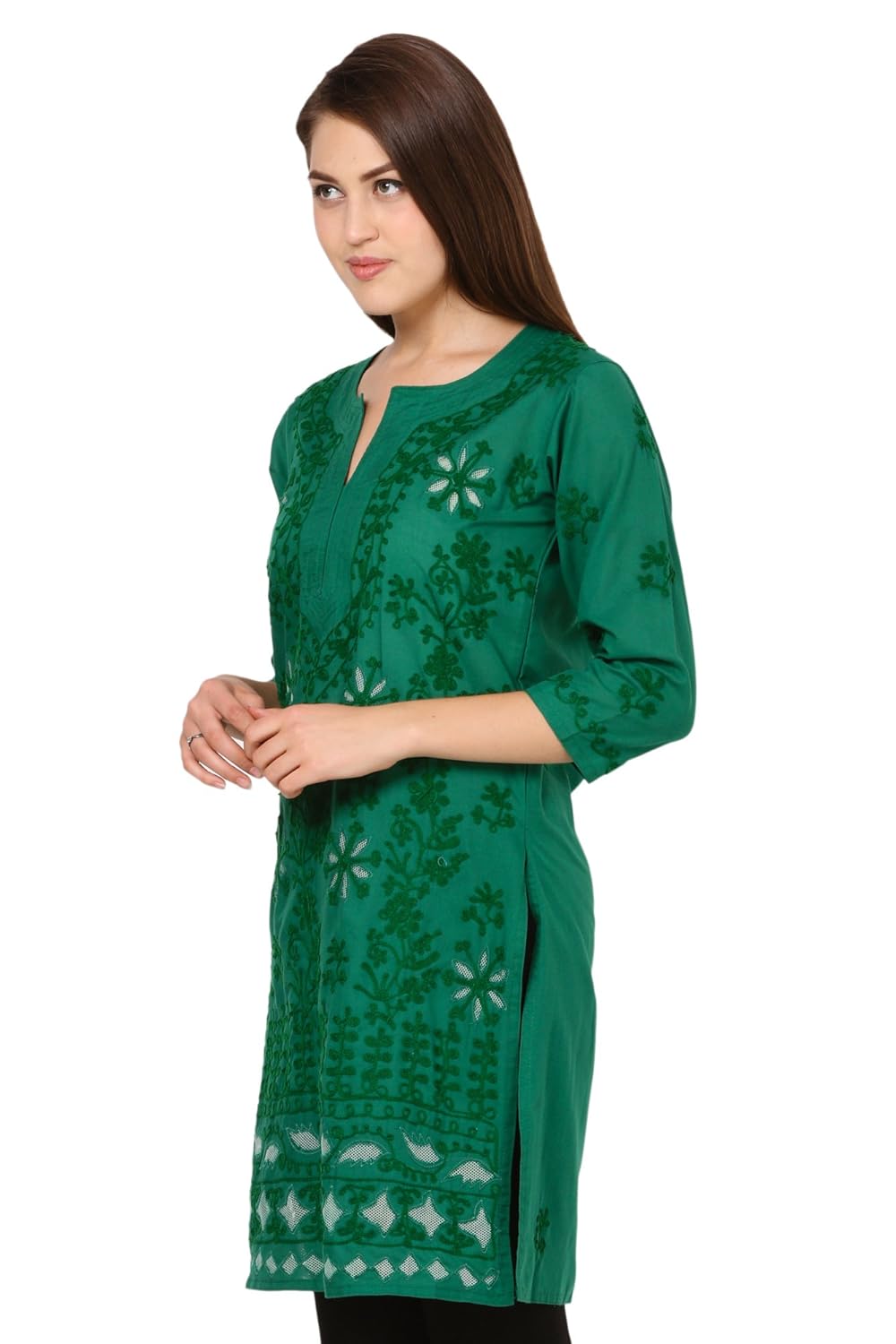 saadgi women's cotton handcrafted network and aari embroidered lucknowi chikan kurta