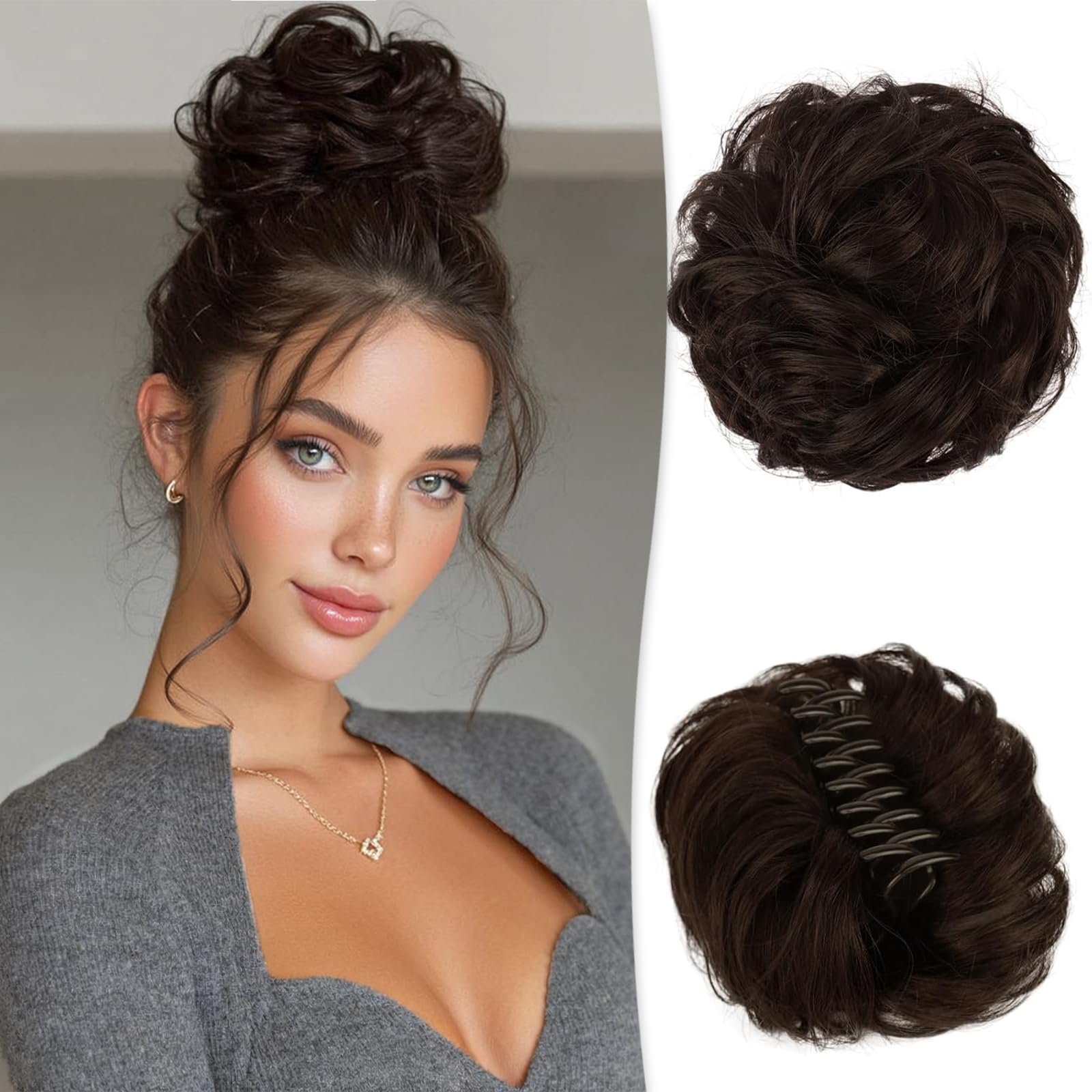 RUWISS Claw Clip in Messy Bun Hair Piece 100% Human Hair Buns Wavy Curly Chignon Hair Bun Extension Tousled Updo Real Human Hair Scrunchie with Clip for Women (Dark Brown with 15% Dark Cocoa Blonde)