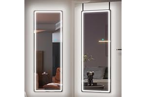 Vlsrka Full Length Mirror with Lights, LED Mirror, Over The Door Full Body Mirror, Wall Mounted Hanging Mirror, Light Up Mirror, Back of Door Lighted Mirror 47" x 16" Black