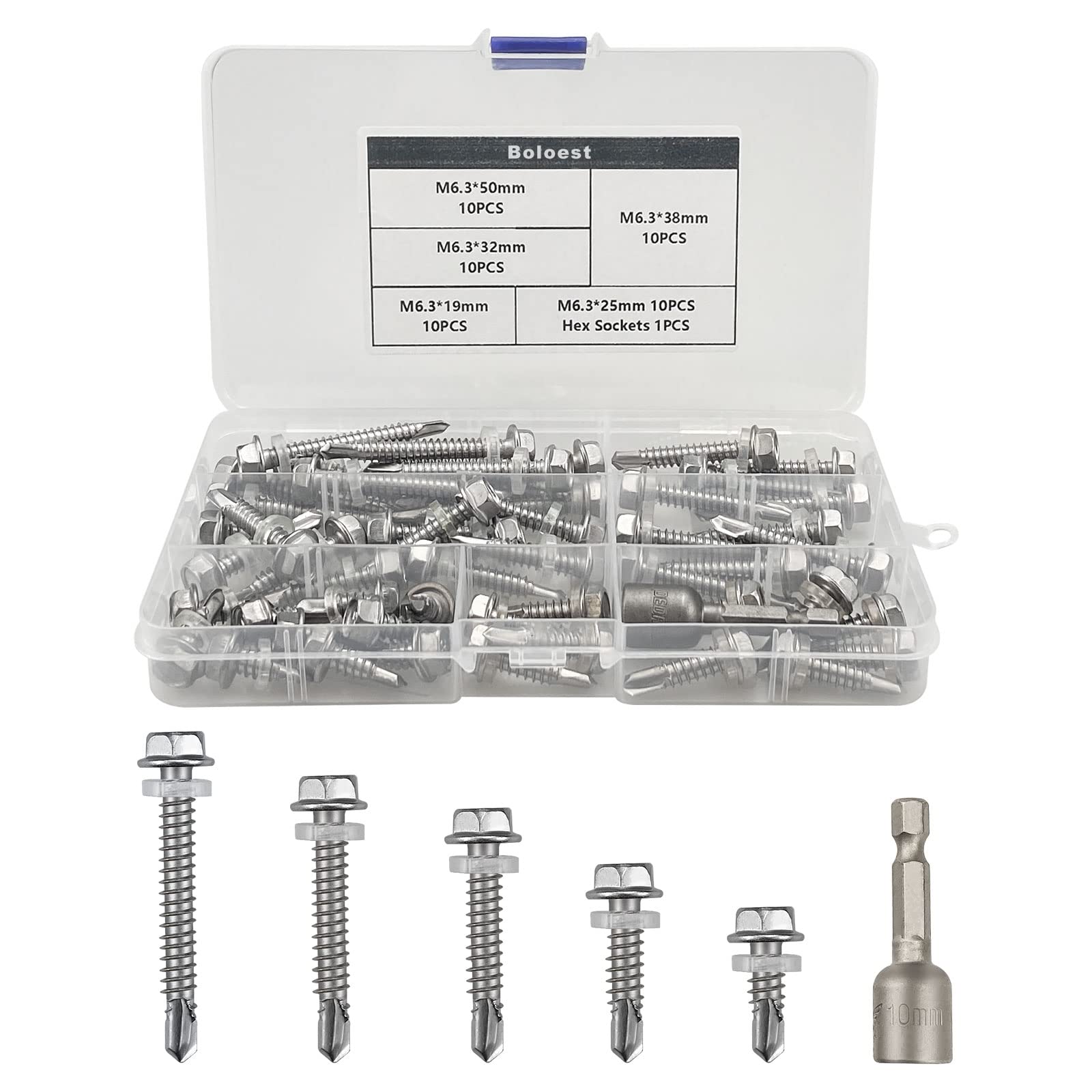 51pcs M6.3 Stainless Steel Self Tapping Hex Head Screws Full Thread Metal Roofing Drill Bolts External Hexagonal Dovetail Self Drilling Tail Screws, with Nut Setter, Washers(5 Sizes)