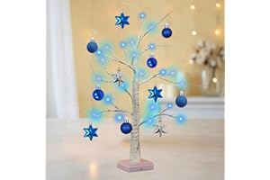 FADRANEY 24 Inch Hanukkah LED Menorah Tree Lights, 24 Blue Star Lights, USB/Battery Operated Lighted Tabletop Artificial Birch Tree for Hanukkah Home Table Party Decor