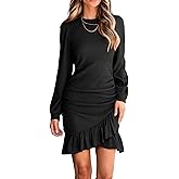 R.Vivimos Fall Elegant Dresses for Women Long Sleeve Crewneck Trendy Ruched Ruffle Hem Spring Casual Mini Dress