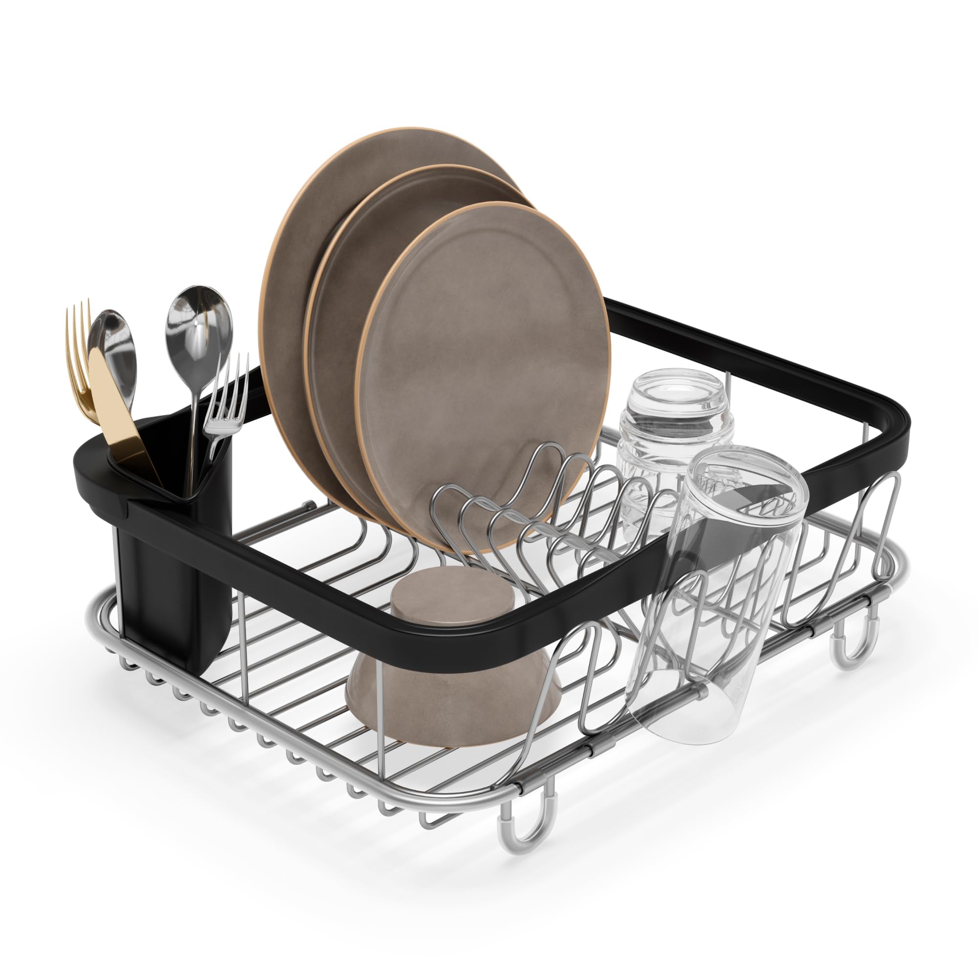 Umbra Sinkin Dish Drying Rack – Drainer with Cup Holders and Removable Cutlery Caddy – Use Over Sink, In Sink, or On Counter, Deluxe, Black/Nickel