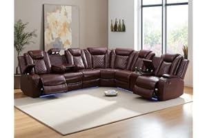 Anthato Power Recliner Sectional Sofa Set with LED, Luxury L-Shaped Reclining Sofa, Leather Reclining Corner Couch with Cup Holders/Storage/Charging Ports for Living Room/Home Theater, Burgundy Red