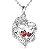 SILBAZ Mother Daughter Necklace, Heart Mom Pendant Necklace with Red Garnet, Mother's Day Birthday Christmas Jewelry Gift for Mom from Daughter
