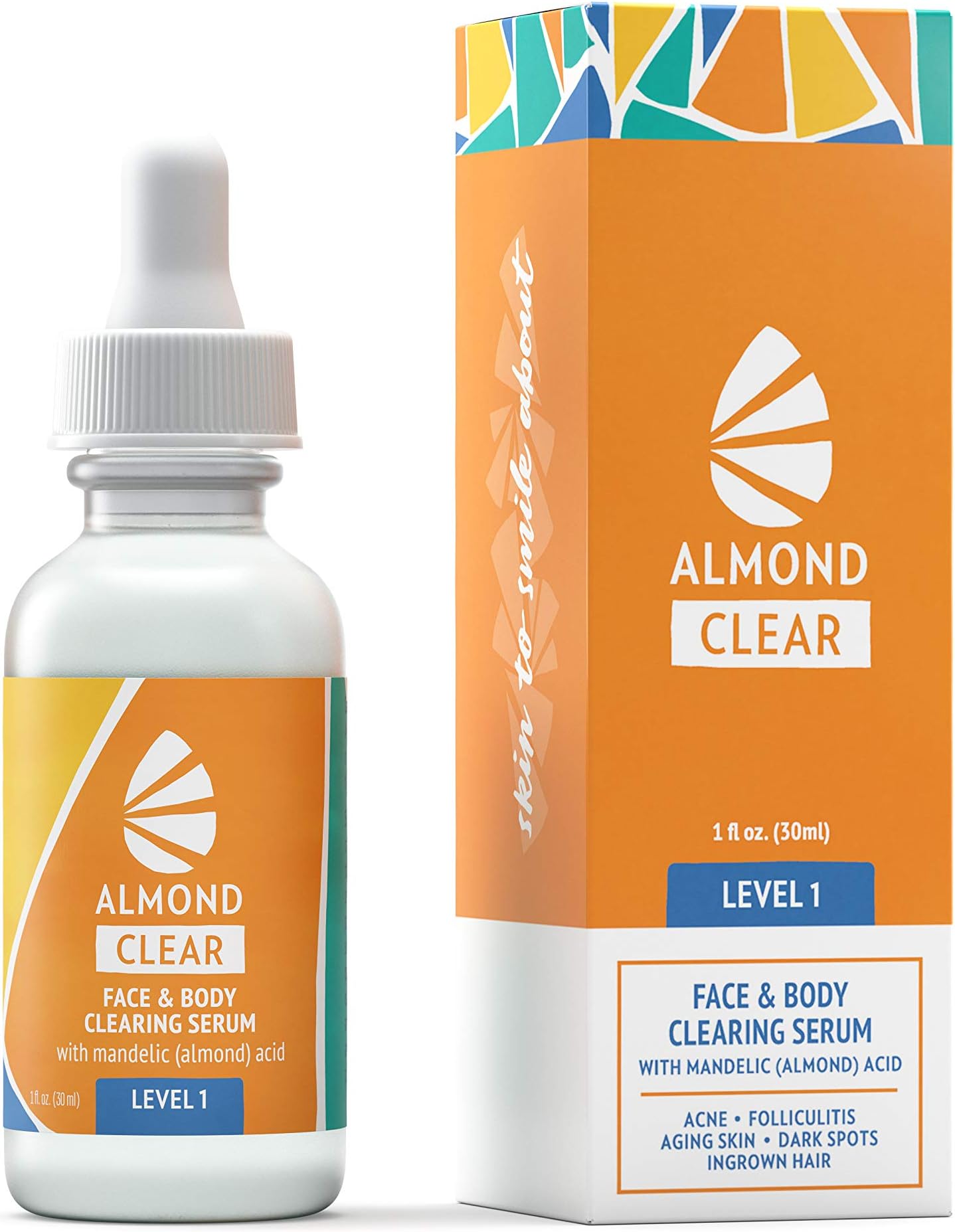Face & Body Clearing Serum, Level 1- for acne, folliculitis, aging skin, ingrown hairs, dark spots - face, chest, butt, back, thighs, arms -mandelic acid- naturally antibacterial/antifungal, Pack of 4