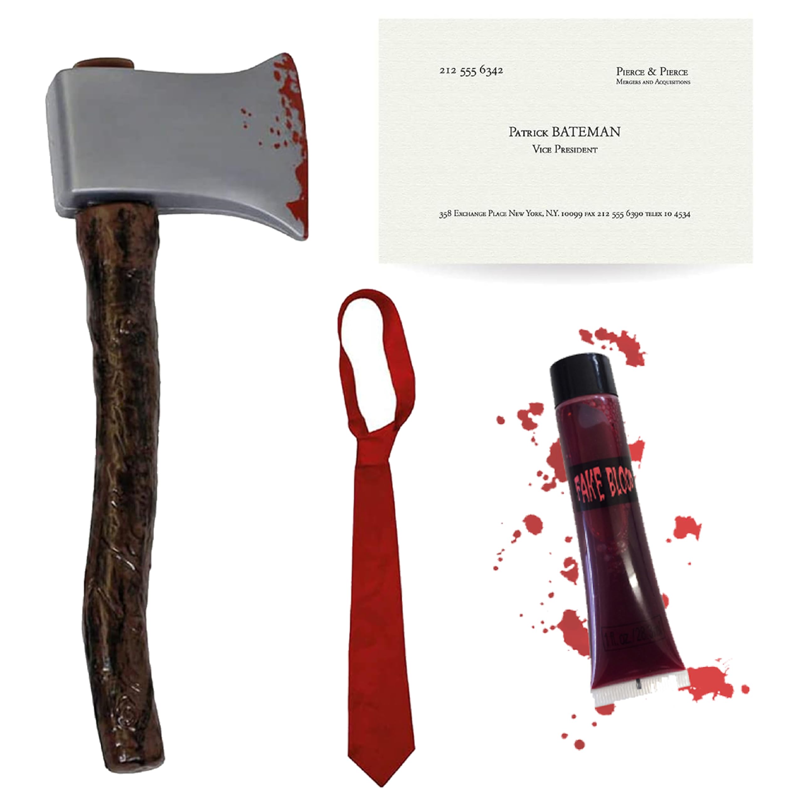 Adults Psycho Costume Accessory Set - Bloody Axe + Red Tie + Business Card + Fake Blood - Adults TV & Film Character Halloween Fancy Dress Costume