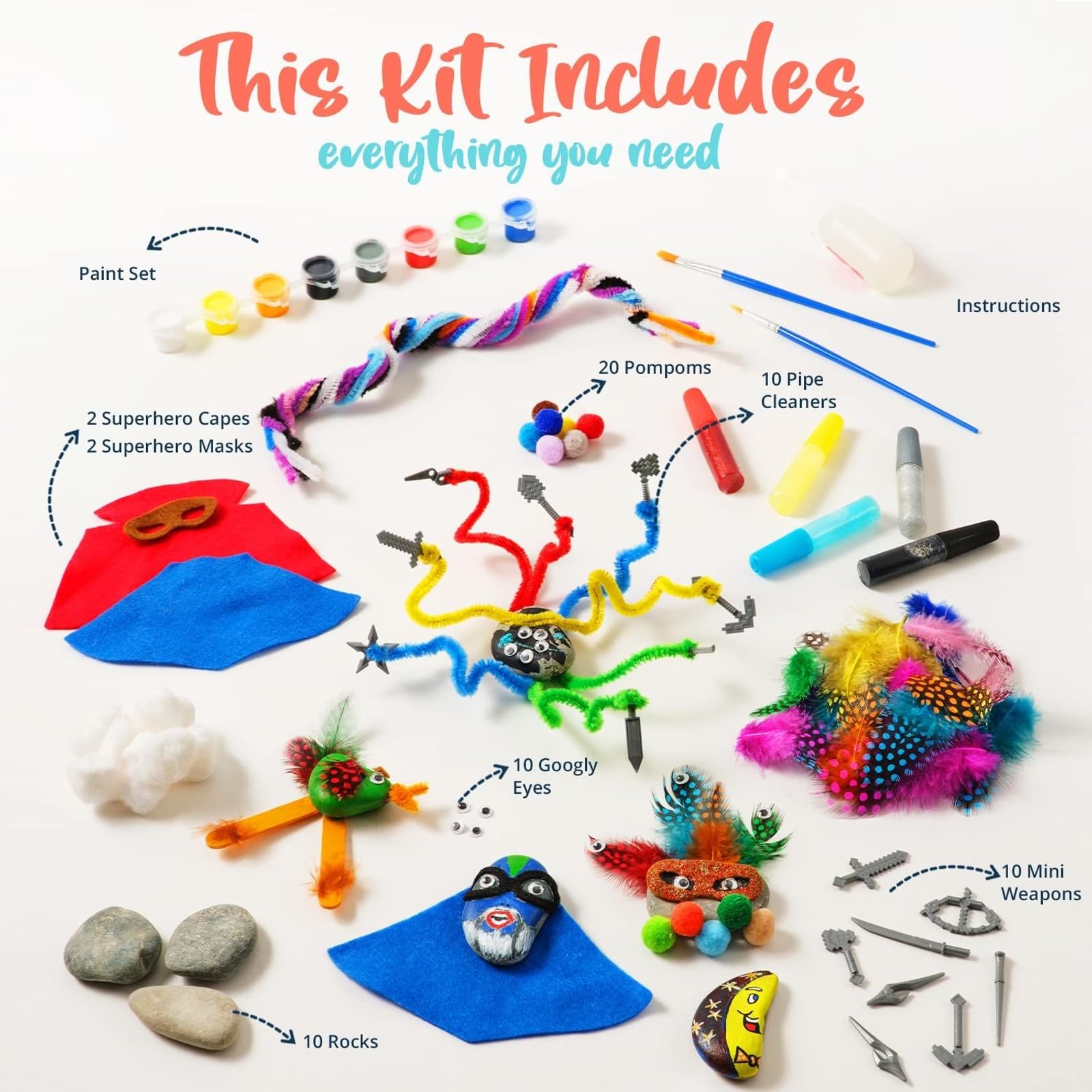 BRYTE 150+ Piece Deluxe Kids Rock Painting Kit, 10 Rocks with Waterproof Paints, Glue & Accessories, DIY Arts and Crafts STEM Activities for Age 6-12 Years, Warrior & Monster