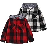 Jolyshlid 2 PC Boys Flannel Plaid Shirt Button Down Plaid Shirts Hooded Top Fall Coats 4-12Y