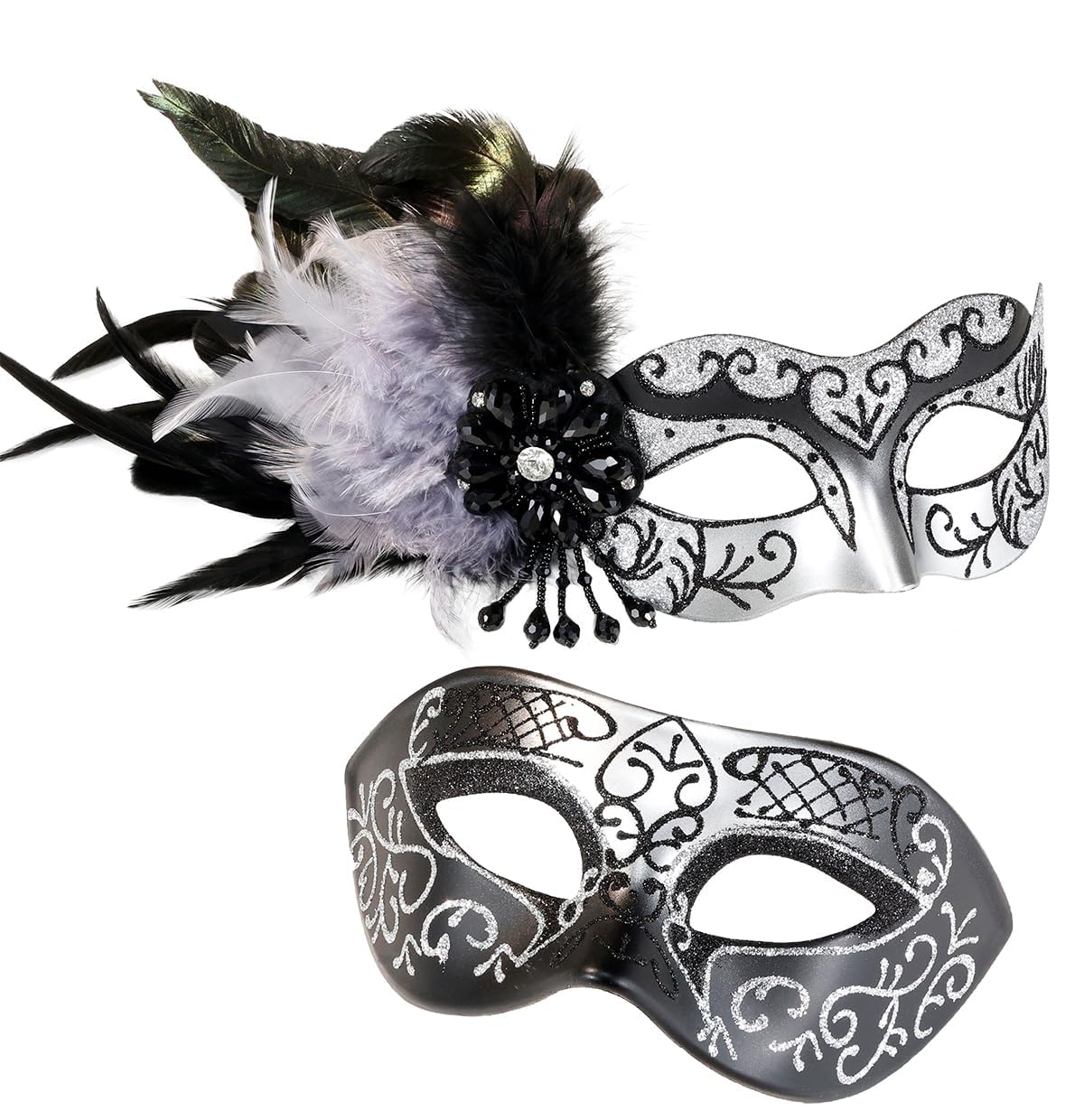 MYSEUNI Silver Masquerade Mask for Couples -Masquerade Masks for Women with Feathers & Venetian Half Mask Halloween for Mascarade Party, Mardi Gras, Halloween Cosplay Prom, Christmas