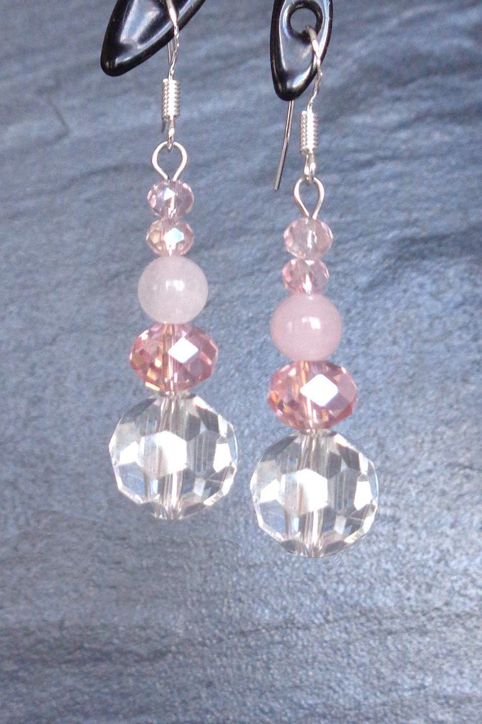 Stainless steel hook earrings, rose quartz, pink AB and clear swarovski crystal