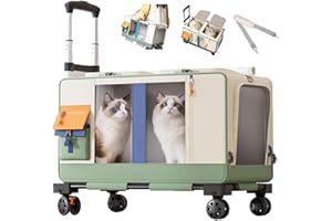 Large Cat Carrier with Wheels for 2 Cat, Double Rolling Pets Carrier on Wheel, Foldable Soft-Sided Carriers with Telescopic H