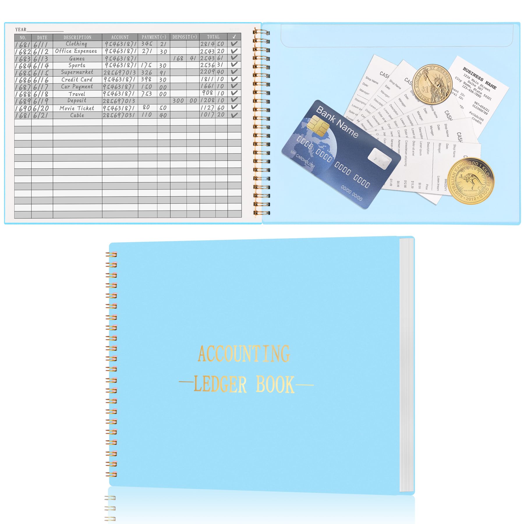 HAUTOCO Accounts Book for Finance Bookkeeping, Accounting Ledger Book for Small Businesses and Home Budget Tracking, Income and Expense Log Books - 257 x 200 mm (Sky Blue)