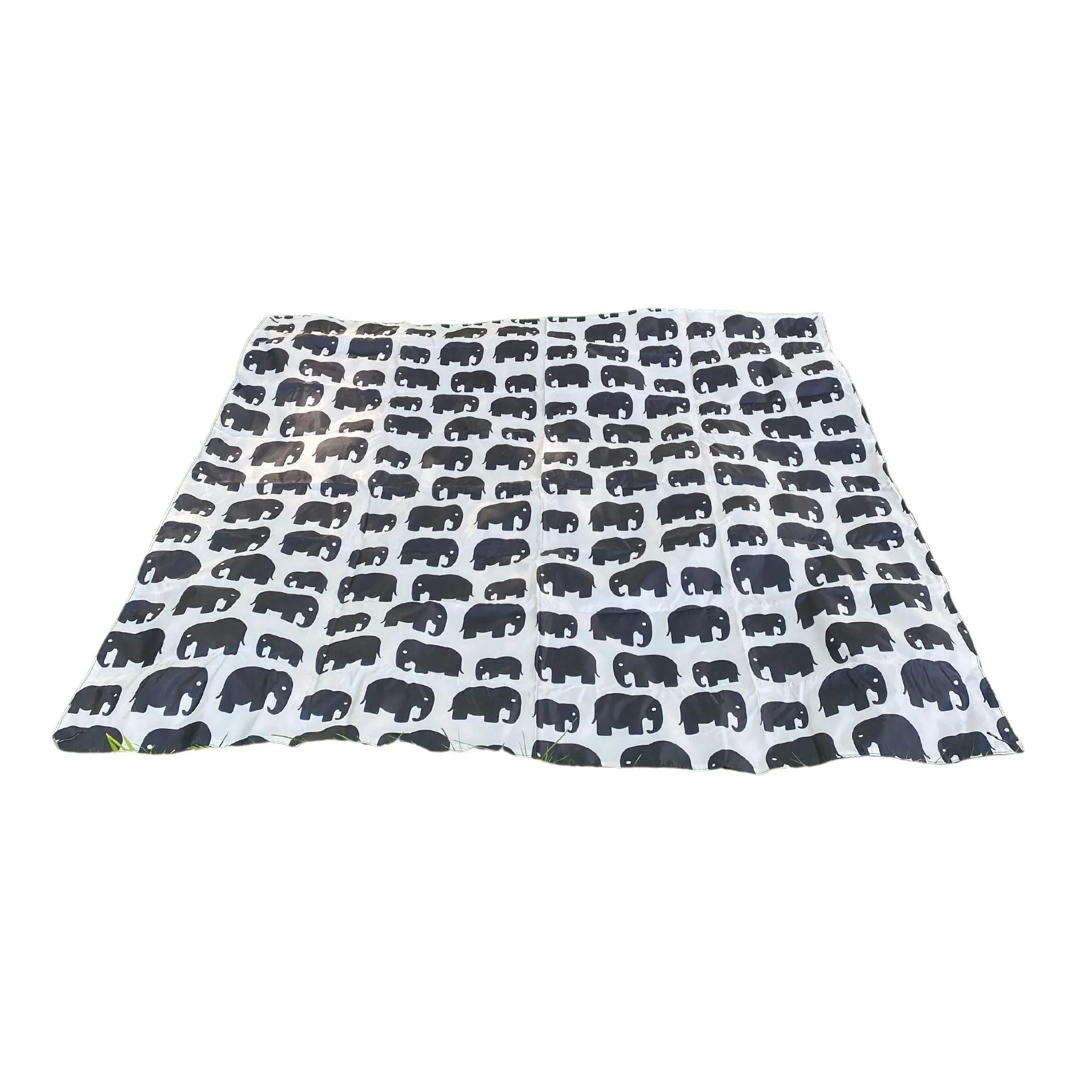 BundleBean - Compact Waterproof Picnic Blanket Grey Elephants – Large 140cm – Packable, Washable Outdoor Mat with Drawstring Sack and Ripstop Bottom – Ideal for Travel, Toddlers, Changeing Mat