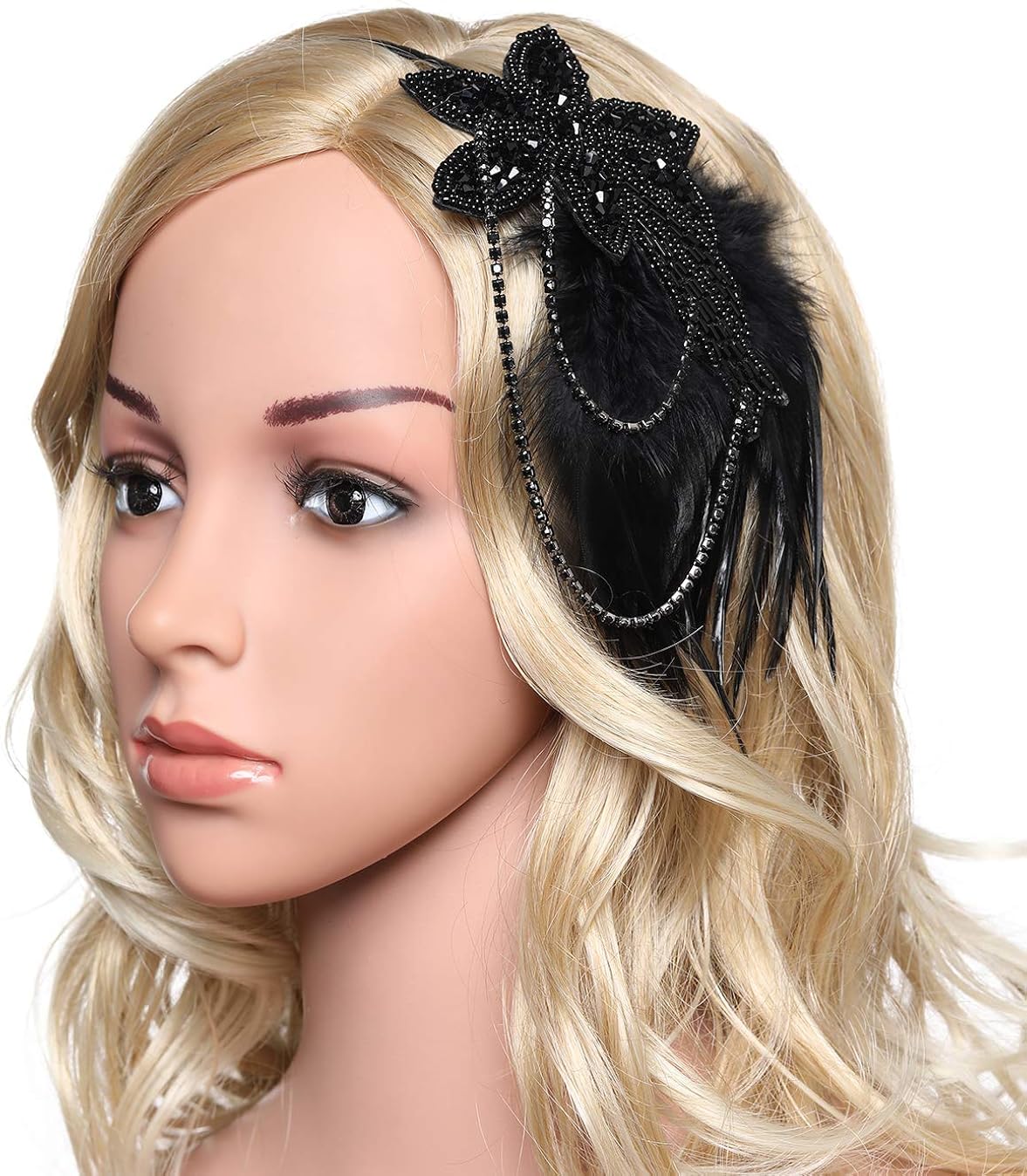 BABEYOND Vintage 1920s Headband 1920s Headpiece Feather Beaded Headband Crystal Flapper Headpiece Great Gatsby Costume Accessories Roaring 20's Accessories (Black) - Image 4